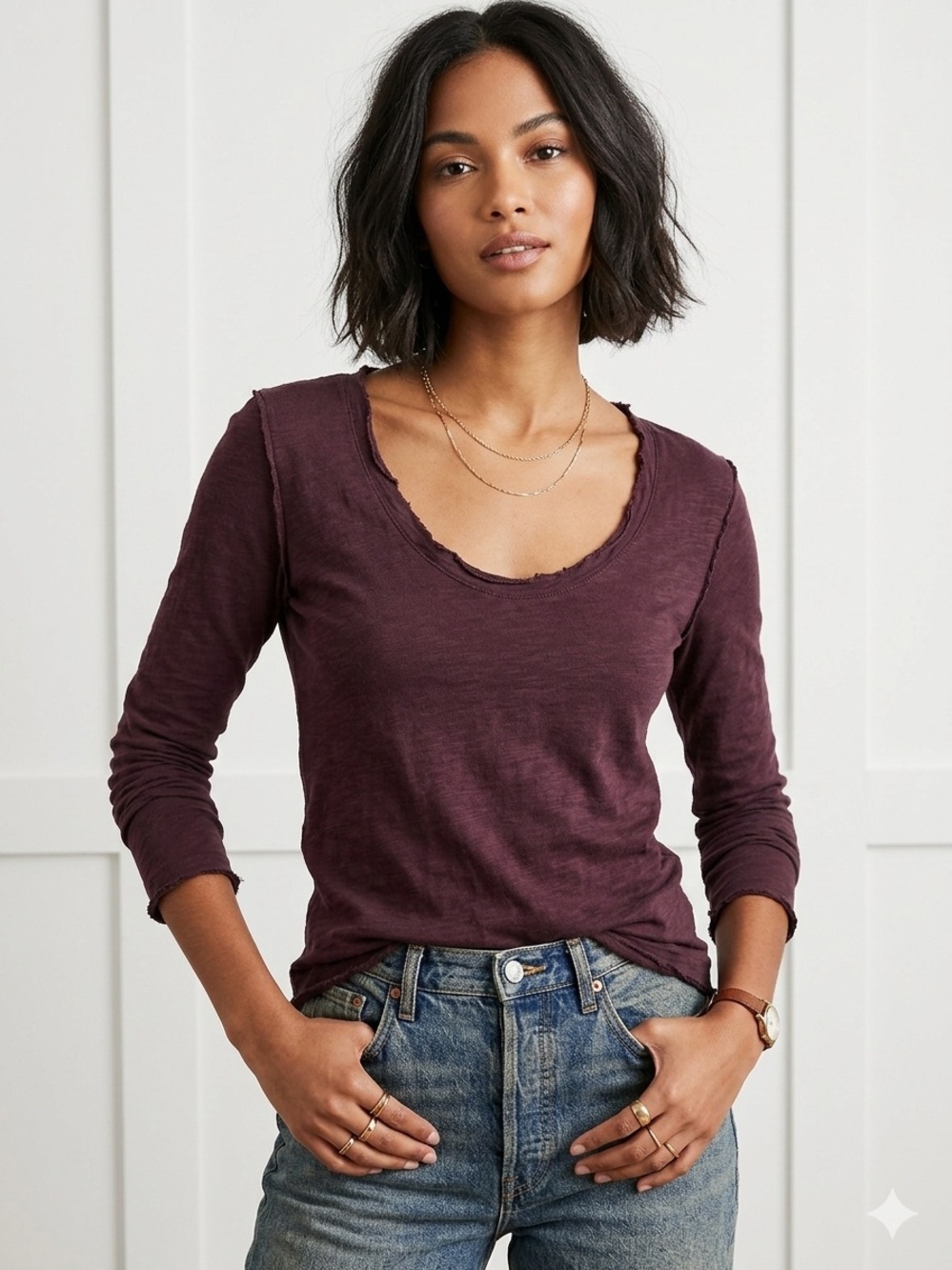 Anthropologie Long Sleeve Scoop Neck Top in Plum